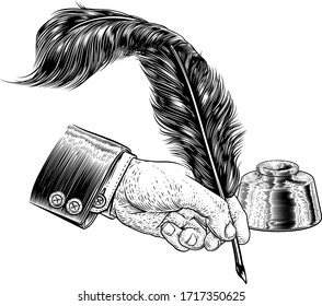 A hand in business suit holding writing with a quill feather antique pen with ink well. In a retro vintage engraved or etched woodcut print style.