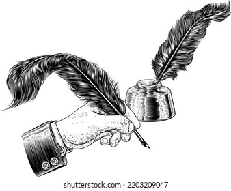 A hand in business suit holding writing with a quill feather antique pen with ink well. In a retro vintage engraved or etched woodcut print style.