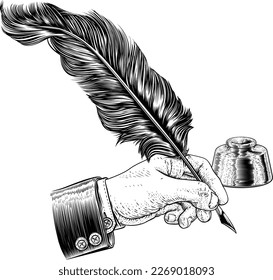 A hand in business suit holding writing with a quill feather antique pen with ink well. In a retro vintage engraved or etched woodcut print style.