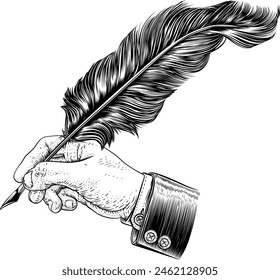 A hand in business suit holding writing with a quill feather antique ink pen. In a retro vintage engraved or etched woodcut print style.