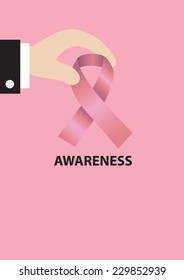 Hand in business suit picking up a huge pink ribbon with text awareness below isolated on pink background. Conceptual vector illustration for corporate support for breast cancer awareness campaign.