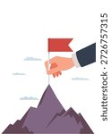 A hand in a business suit placing a red flag on a mountain peak, representing the successful achievement of a difficult goal or corporate milestone.