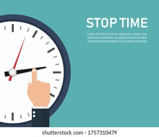 el negocio manual intenta detener el tiempo en fondo azul. concepto de gestión del tiempo. ilustración vectorial en diseño plano. copiar espacio para la entrada de texto. trabajo de fecha límite.