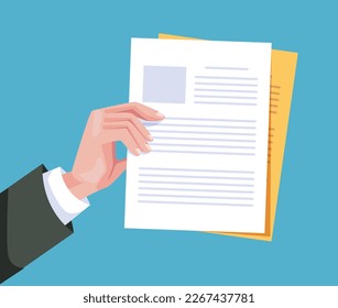 Hand businessman hand arm  hold document paper agreement isolated on white background. Graphic design vector illustration