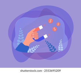 Hand of businessman attracting gold coins with magnet. Money attraction metaphor flat vector illustration. Profit, investment, finances, success concept for banner, website design or landing web page