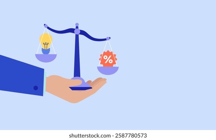 Hand of businessman balancing scales with a light bulb of innovation and a percentage sign for profit, depicting the trade-off between ideas and financial gain