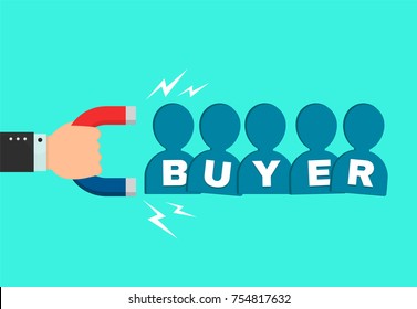 Hand of a businessman with a big magnet attracts new buyer client people sign. flat cartoon modern style illustration icon design. Successful business, buyer magnet concept