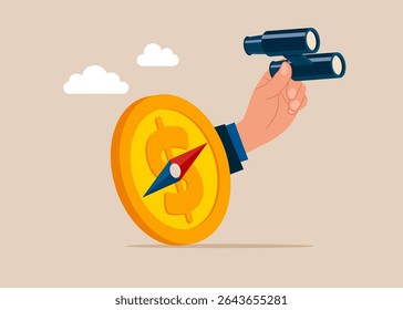 Hand businessman with binocular and compass with dollar coin. Finding investment opportunity. Flat vector illustration