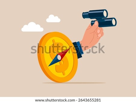 Hand businessman with binocular and compass with dollar coin. Finding investment opportunity. Flat vector illustration
