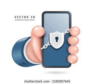 Hand of a businessman in a blue suit is holding smartphone with protective shield with a keyhole and has metal chain attached to smartphone,vector 3d with minimalist style cute cartoon style
