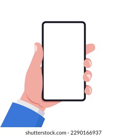 Hand of a businessman in a blue suit is holding a smartphone. Vector illustration.