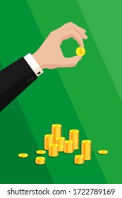 Hand of a businessman in a business suit holds, gives a gold coin against the background of many stacks of dollar gold coins. Green background. Vector is vertical. Deposits, loans, credit, banking