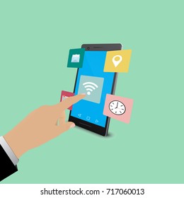 Hand of businessman checking application on a smartphone, vector eps10