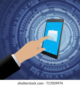 Hand of businessman checking email on a smartphone, Abstract technology background, vector eps10