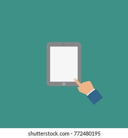 The hand of businessman click on computer desktop flat icon style.