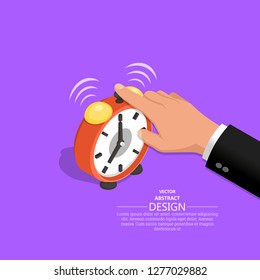 The hand of the businessman clicks an alarm clock call. Operating time. Business concept. An isometric vector illustration in flat style.3D. Elements for design.