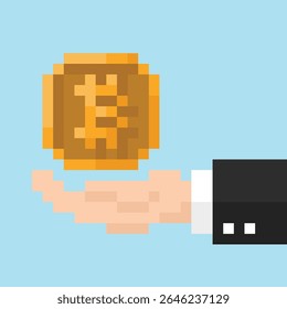 Una mano de hombre de negocios con monedas de criptomonedas. Icono de Vector en estilo de 8 bits