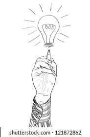Hand of a businessman drawing lightbulb. vector illustration