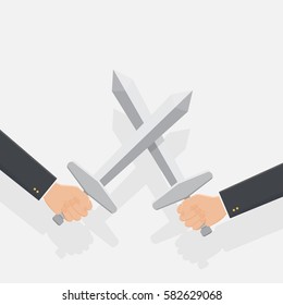 Hand of businessman fighting with swords. Business competition ,business concept,flat design