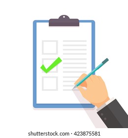 Hand of businessman filling green check list on the clipboard. vector illustration