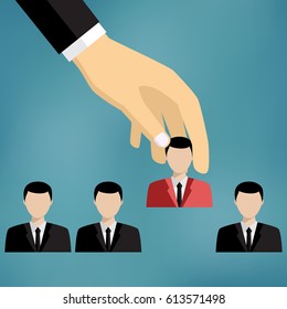 Hand of businessman grab one person from group of businesspeople.