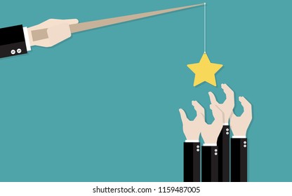 Hand of businessman grabbed a star. Group of hand reaching for the star. Vector illustration concept