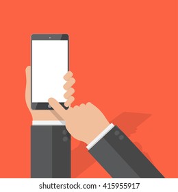 hand of businessman hold phone and touch phone ,business concept,flat design,vector eps10