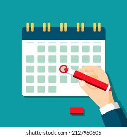 Hand Businessman hold Red pen marks the calendar date, holiday, priority, important, reminder day on calendar concept. Vector illustration flat design for banner and poster.