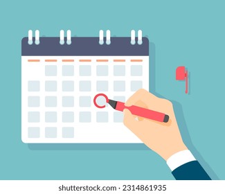 Hand Businessman hold Red pen marks the date, holiday, priority, important, reminder day on calendar concept. Vector illustration flat design for banner and poster.