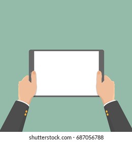 hand of businessman hold tablet and touch,flat design vector illutrations eps10,blank screen