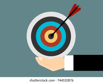 Hand of businessman hold target with arrow. Goal setting. Smart goal. Business target concept. Achievement and success. Vector illustration in flat style