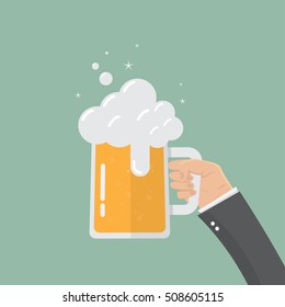  hand of businessman holding beer in mug glass,flat design,vector eps10