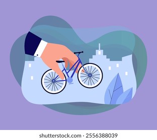 Hand of businessman holding bicycle for city ride. Person using sharing rental system flat vector illustration. Eco transport, rent bike concept for banner, website design or landing web page