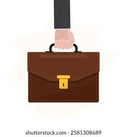 Hand of businessman holding briefcase. Business handle case. Male character with leather briefcase bag. Work suitcase. Office case. Portfolio document. Finance handbag. flat vector illustration