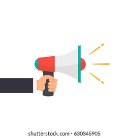 Hand of businessman Holding the bullhorn or Megaphone with announce word flat style vector illustration