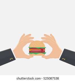 Hand Of Businessman Holding Burger,eating, On White Background,flat Design.