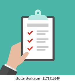 Hand of businessman holding clipboard with sheet of paper. To-do check list with ticks and points. Clipboard with check marks. Vector illustration on blue background