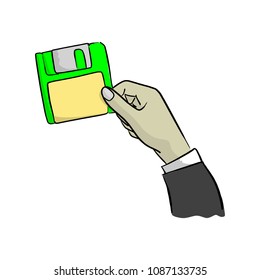 hand of businessman holding green diskette vector illustration sketch doodle hand drawn with black lines isolated on white background