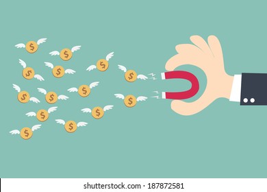 Hand businessman holding magnet attracting money wing