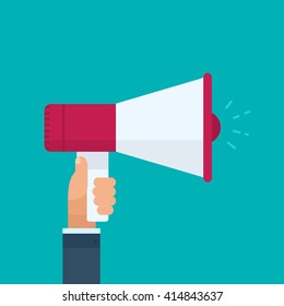 Hand of a businessman, holding a megaphone, on a flat blue background. Business concept. Flat vector illustration.