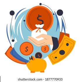 Hand of businessman holding money in bag in hands, profit and benefit from business or work. Saving and investing financial assets, deposits of earning. Piggy bank and coins. Vector in flat style