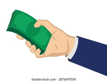 Hand of businessman holding money. Flat vector illustration.