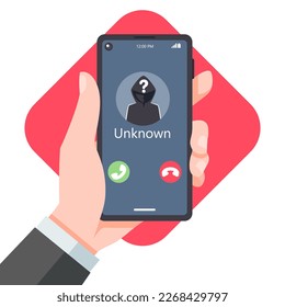 Hand businessman Holding smartphone call from unknown or stranger number. Scam, Prank, Fraud, and phishing on a mobile phone. Vector illustration flat design.