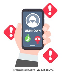 Hand businessman Holding smartphone call from unknown or stranger number on isolated white background. Scam, Prank, Fraud, and phishing on a mobile phone. Vector illustration cute flat design.