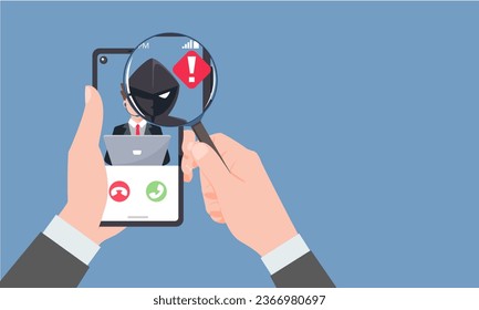 Hand businessman Holding smartphone and check call from unknown or stranger number. Scam, Prank, Fraud, and phishing on a mobile phone. Vector illustration flat design.