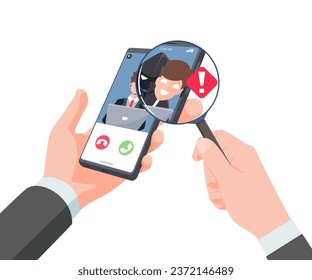 Hand businessman Holding smartphone and check call from unknown or stranger number. Scam, Prank, Fraud, and phishing on a mobile phone. Vector illustration flat design.