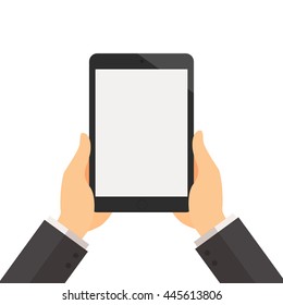 Hand of businessman holding tablet with blank screen vector illustration