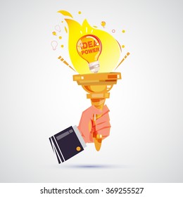 hand of businessman  holding torch of  lightbulb idea. power of idea. startup concept - vector illustration