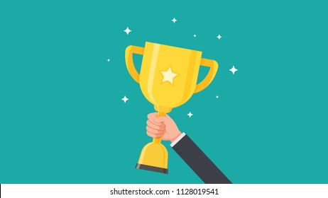 Hand of businessman holding trophy cup and showing an award vector illustration 