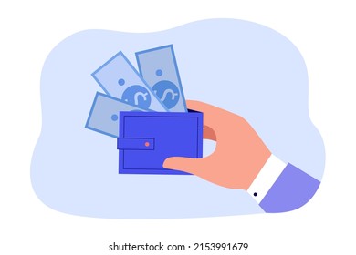 Mano de hombre de negocios con billetera con billetes de dólares. Obtención, inversión o préstamo de dinero en una ilustración vectorial plana. Finanzas, riqueza, inversión, concepto presupuestario para la página web de banner o de aterrizaje